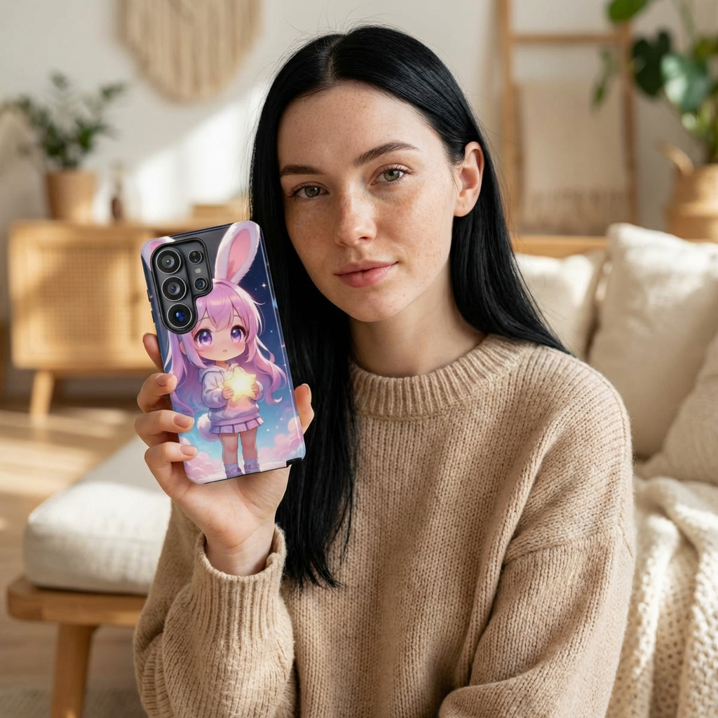 “Woman sitting in a cozy room holding a phone with a chibi art case