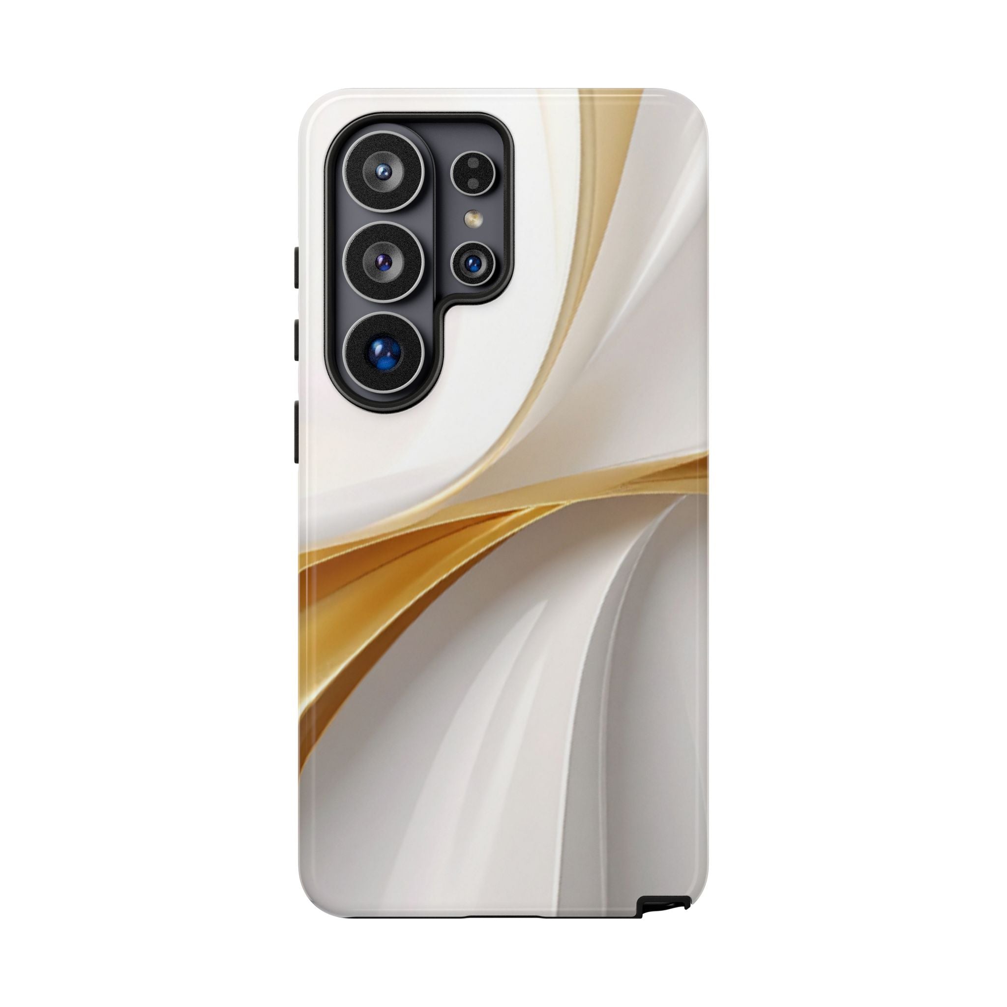 Phone case with a white and gold design on a white background