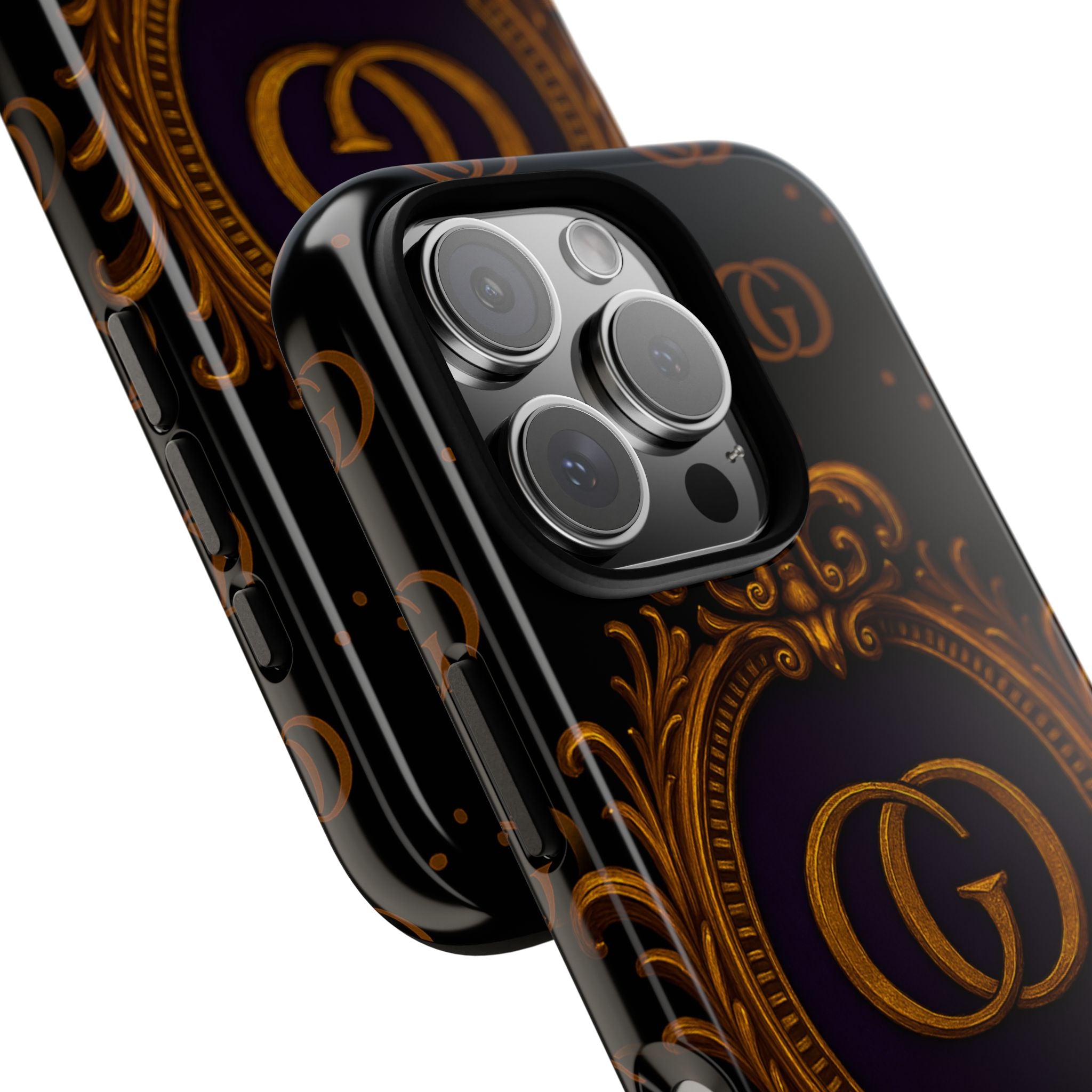 Luxury Ornate Monogram Phone Case – GIORMA™ Gold Emblem Baroque Glossy Hard Shell