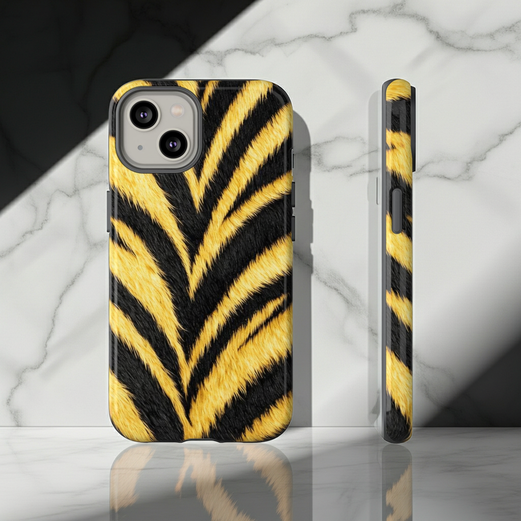 Tiger Stripe Print Phone Case – Bold Gold & Black Safari Pattern Glossy Hard Shell