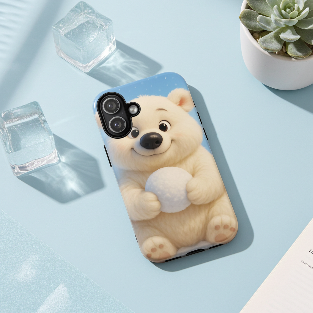 Cute Polar Bear Phone Case – Kawaii Winter Snowball Cartoon Blue Glossy Hard Shell