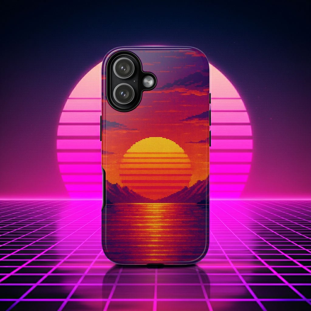 Sunset Vaporwave Phone Case – Retro 80s Synthwave Mountain Landscape Glossy Hard Shell