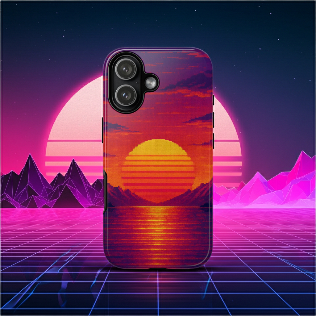 Sunset Vaporwave Phone Case – Retro 80s Synthwave Mountain Landscape Glossy Hard Shell